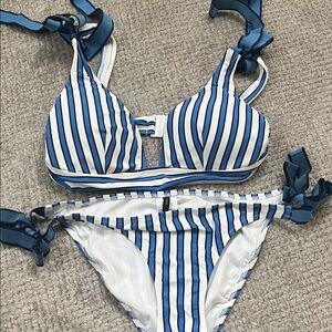 J. Crew Blue and White Striped Tie-Side Bikini